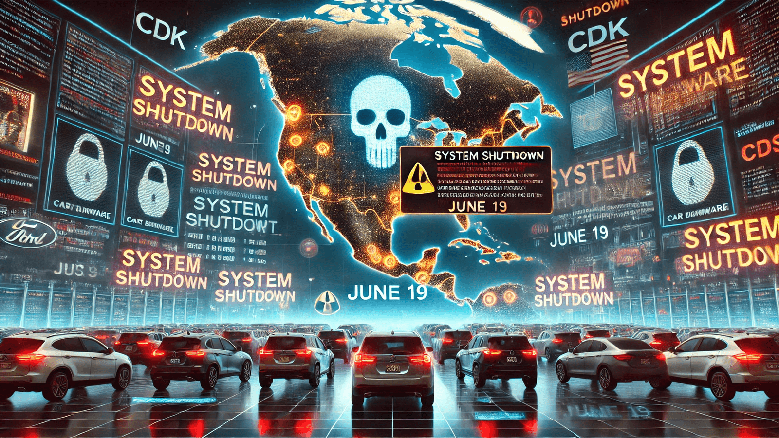 Graphic of CDK ransomware breach impacting the US, displaying system shutdown warnings and affected cars, illustrating the severity and widespread effect of the attack discussed in 'CDK Ransomware Breach: What You Need to Know'.