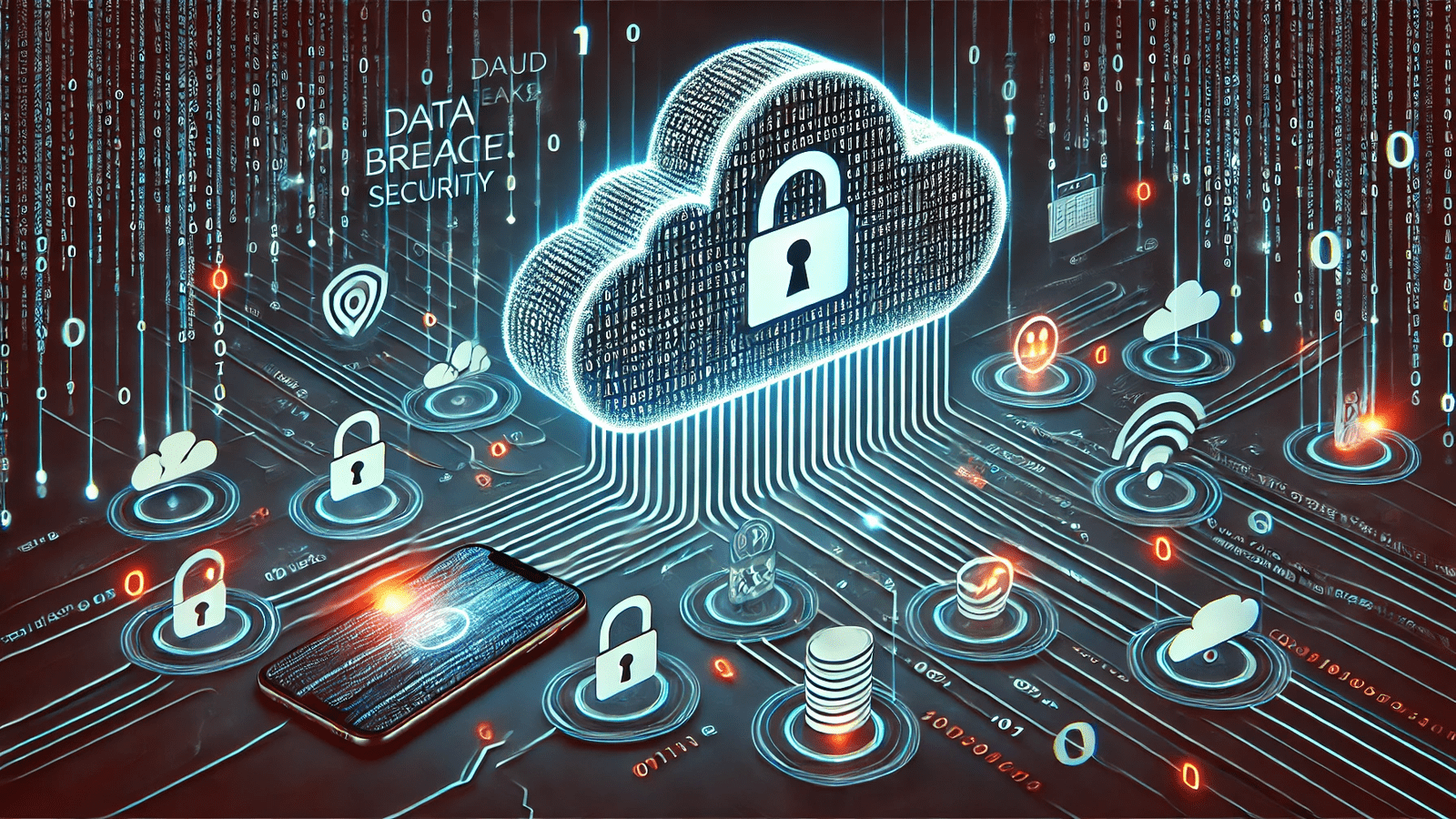 Digital illustration showing a cloud with binary code and data streams, warning symbols, lock icons, smartphones, and visible data leaks, representing a data breach in cloud security.