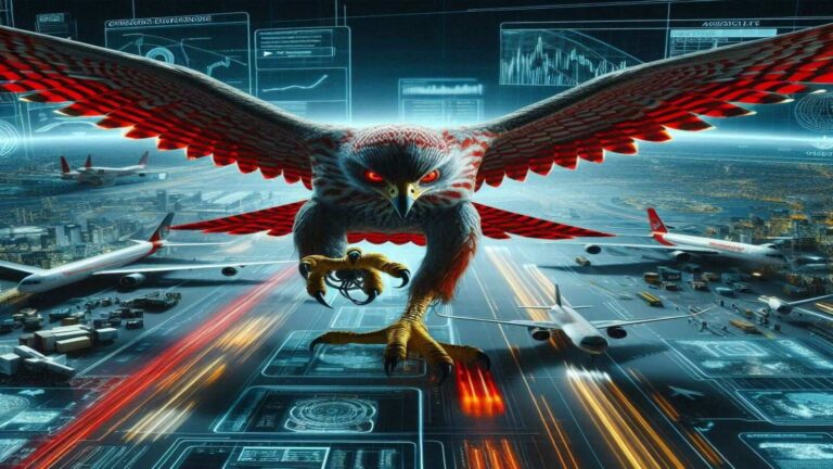 Graphic of falcon taking down global cyber systems with code causing a widespread outage with lasting impact to healthcare, travel, and IT systems.