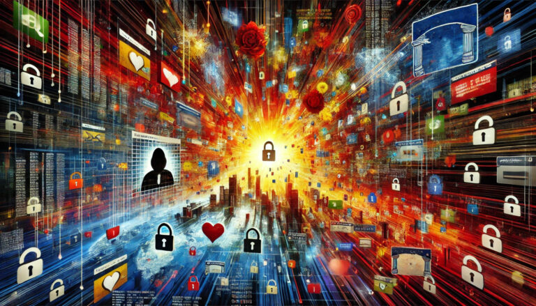 An abstract, eye-catching digital illustration representing a massive data breach. The image features a chaotic explosion of bright, contrasting colors like reds, yellows, and blues, symbolizing the breach. Scattered across the scene are floating pieces of personal data, including Social Security numbers, names, and email addresses. Broken security icons and shadowy figures representing hackers are blended into an abstract web, with dark undertones highlighting the looming threat of compromised data flowing into the dark web. The overall design is intense and dynamic, conveying the urgency and impact of the breach