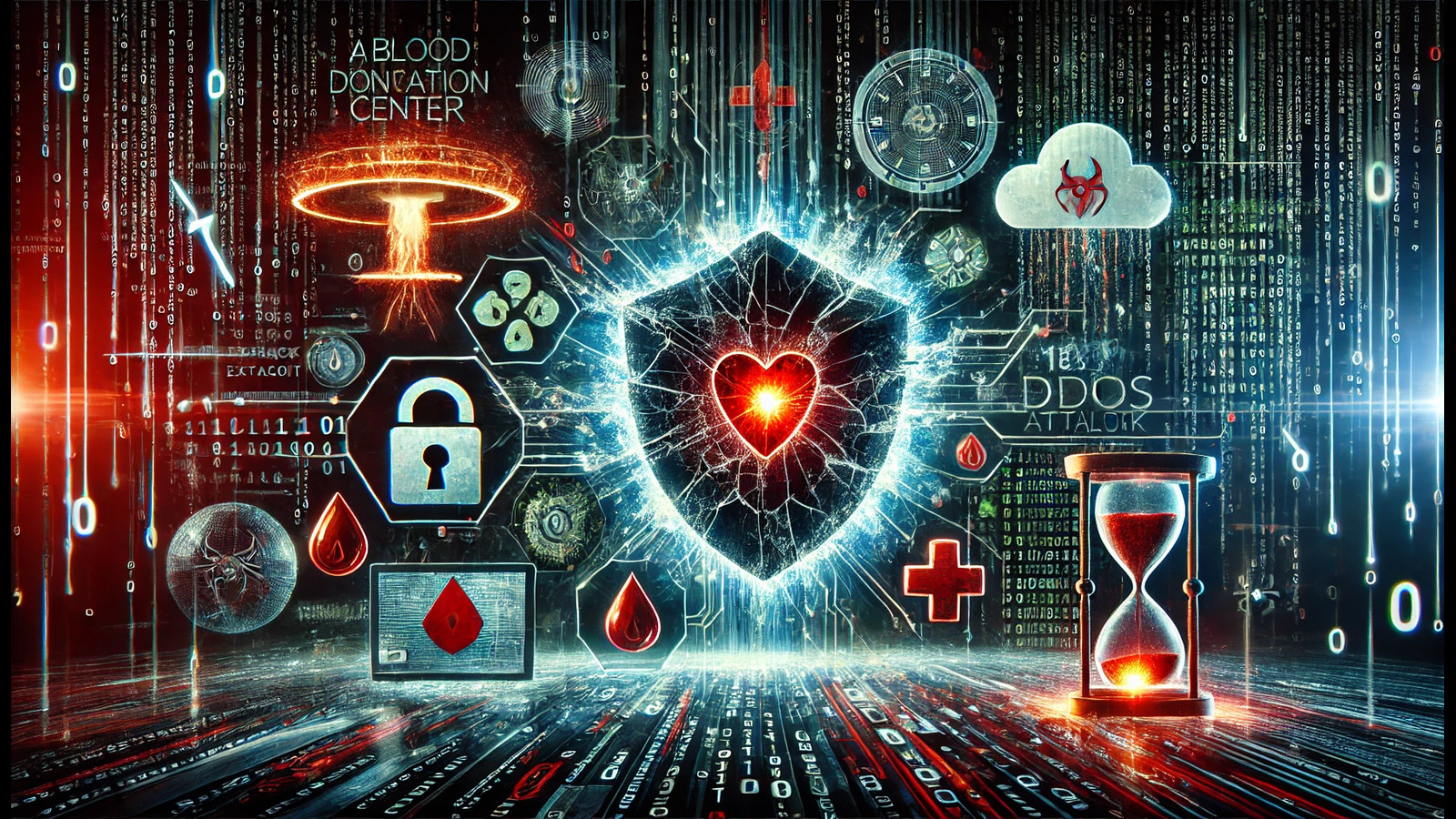 A digital collage depicting a cracked shield surrounded by binary code, symbolizing compromised cybersecurity, with background elements showing a blood center with a warning triangle, broken padlocks leaking data, a glitching browser window, and a cloud under lightning attack, all illustrating major cyber threats and their impact.