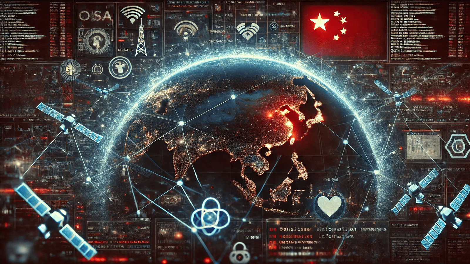 Digital illustration representing cyber espionage and cybersecurity threats, featuring interconnected glowing network lines across a globe. On the left, elements hint at Chinese involvement with telecom icons like satellite dishes, while the right side subtly shows healthcare symbols and data streams representing sensitive information exfiltration. The image has a dark, ominous tone with glowing blue and red highlights, evoking a high-tech, futuristic atmosphere.