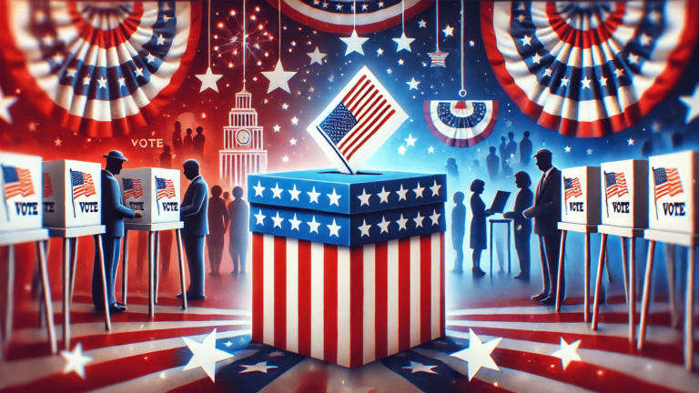 An illustration of a patriotic American voting scene with red, white, and blue decor. In the center is a large ballot box decorated with stars and stripes, with an American flag sticking out of the top. Surrounding the box are voting booths where people are casting their votes, with silhouettes of voters lined up and interacting with poll workers. The background features festive bunting and banners with stars and stripes, symbolizing the American election process.