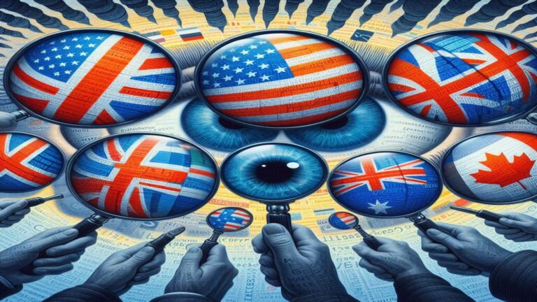 Image showing flags from the UK, USA, Australia, New Zealand and Canada as magnifying glasses examining code to identify vulnerabilities with eyes all around.