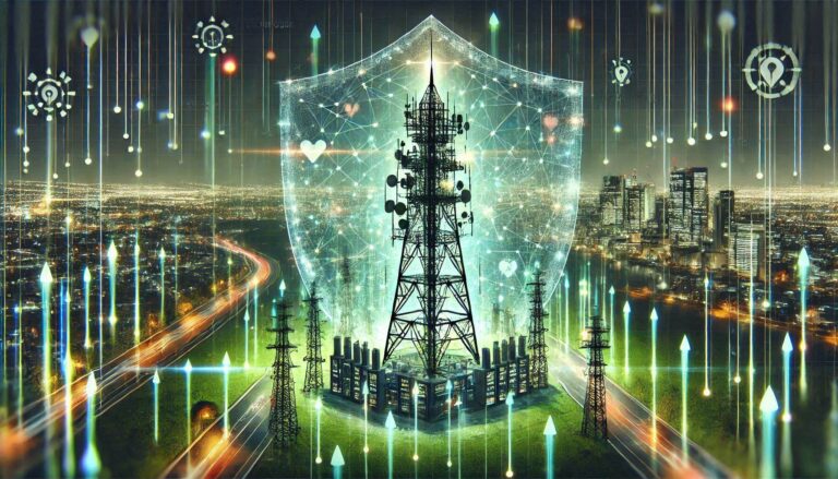 A futuristic depiction of a telecommunications hub under cyber-attack. The image shows a large telecom tower surrounded by glowing data streams, with some streams appearing corrupted or broken to signify breaches. In the background, a cityscape at night is partially illuminated by a faint red glow, representing the ongoing cyber threats. A translucent shield overlay surrounds the tower, cracked in places, symbolizing the need for stronger defenses. The overall color scheme includes a contrast of neon and dark tones to evoke the themes of technology and urgency.