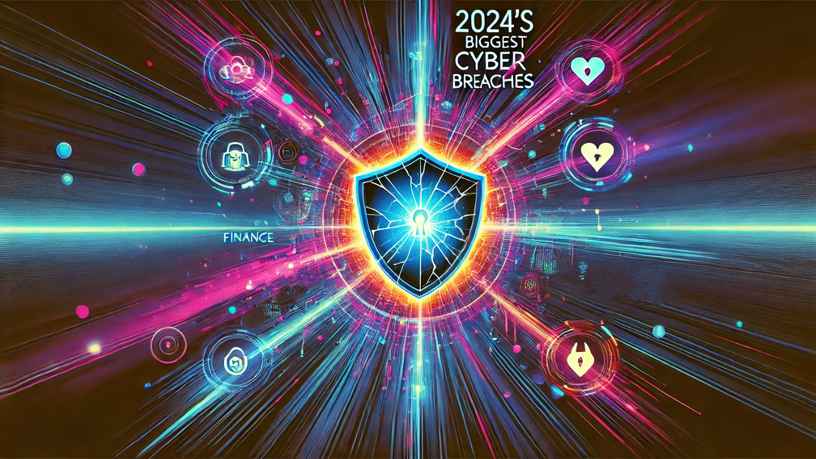 Illustration titled '2024's Biggest Cyber Breaches' featuring a glowing shield with a keyhole at the center, surrounded by neon-colored data streams radiating outward. Iconography representing different sectors like finance, healthcare, and cybersecurity is scattered throughout, symbolizing the impact of cyber breaches across various industries.