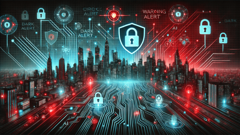 Futuristic cybersecurity illustration featuring a glowing circuit board cityscape merging with a dark web grid, highlighted by a blue shield symbol, a red warning alert, data streams, and hacking motifs such as breached locks and AI-connected nodes.