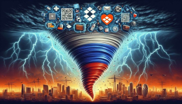 Ominous backdrop with cyber tornado where its funnel has medical devices, QR codes, microsoft logo, dropbox logo, and Russian flag. Drawn in steampunk style with lightning and cyber symbols.