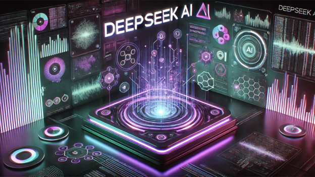 A futuristic, high-tech control room featuring glowing neon holographic displays with data visualizations, charts, and AI-related graphics. At the center, a circular platform emits a vibrant purple and blue holographic projection labeled 'AI.' The background showcases sleek digital interfaces with floating analytics, graphs, and a sci-fi aesthetic. The words 'Deep Seek AI' are prominently displayed at the top of the image, reinforcing the theme of artificial intelligence and advanced technology.