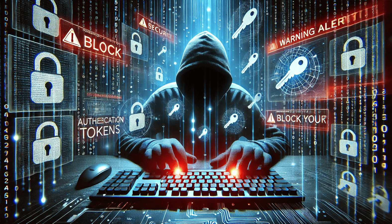 A hooded hacker in a dark room stealing authentication tokens, with glowing digital keys and encrypted data streams floating around. A high-tech security interface struggles to block the attack, with warning alerts flashing in red.