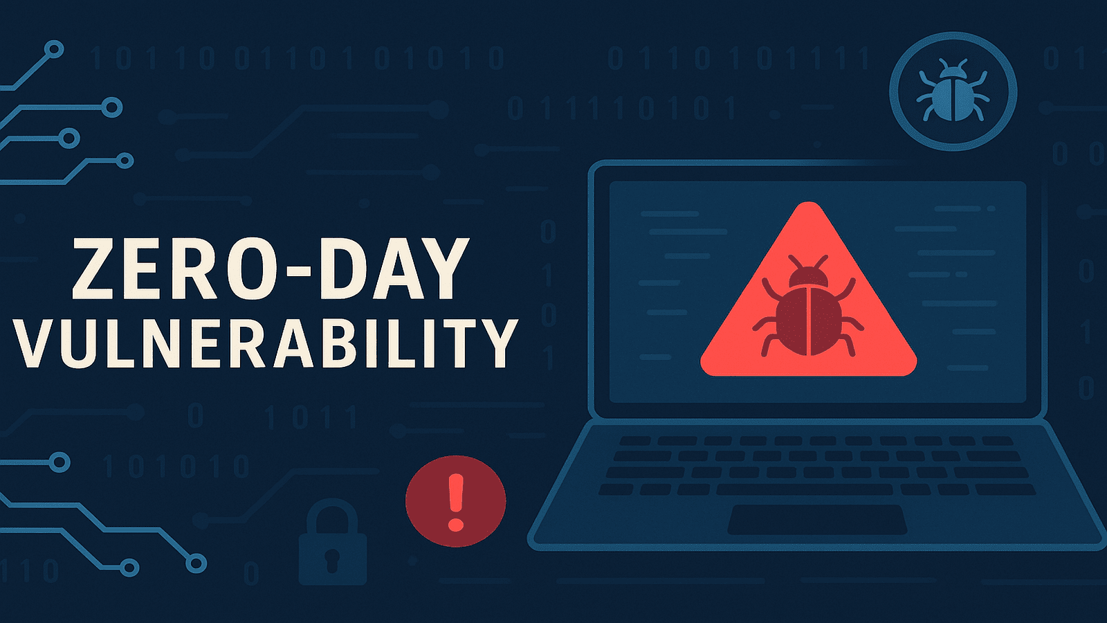 Illustration of a zero-day vulnerability warning on a laptop screen with a red bug icon and binary code background