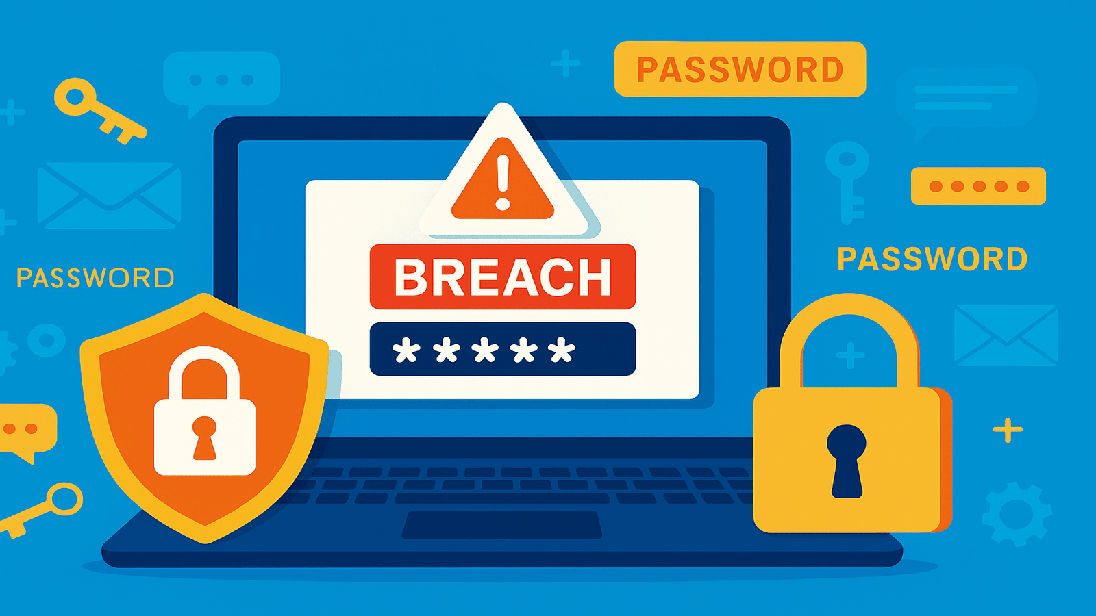Illustration of a cybersecurity breach on a laptop screen with the word "BREACH" and a password field displayed. Surrounding the laptop are icons of locks, shields, keys, and the word "PASSWORD," representing compromised password security and data protection concerns.