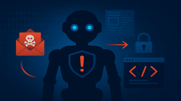 Humanoid AI figure with alert icon on chest, surrounded by symbols of cybersecurity threats like a red envelope with a skull, binary code, and data exfiltration icons.