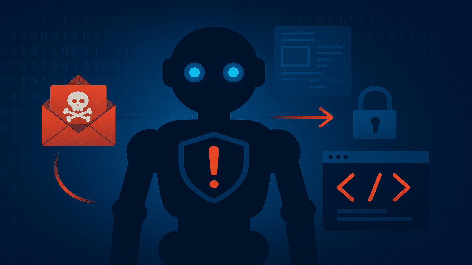 Humanoid AI figure with alert icon on chest, surrounded by symbols of cybersecurity threats like a red envelope with a skull, binary code, and data exfiltration icons.