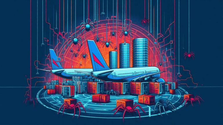 Cybersecurity-themed artwork showing planes surrounded by data servers and digital spiders, representing a cyberattack on an airline and compromised customer information.