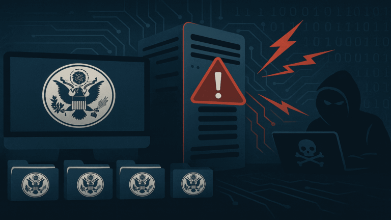 Dark server room illustration showing a single server tower with a warning sign, symbolizing a cybersecurity breach