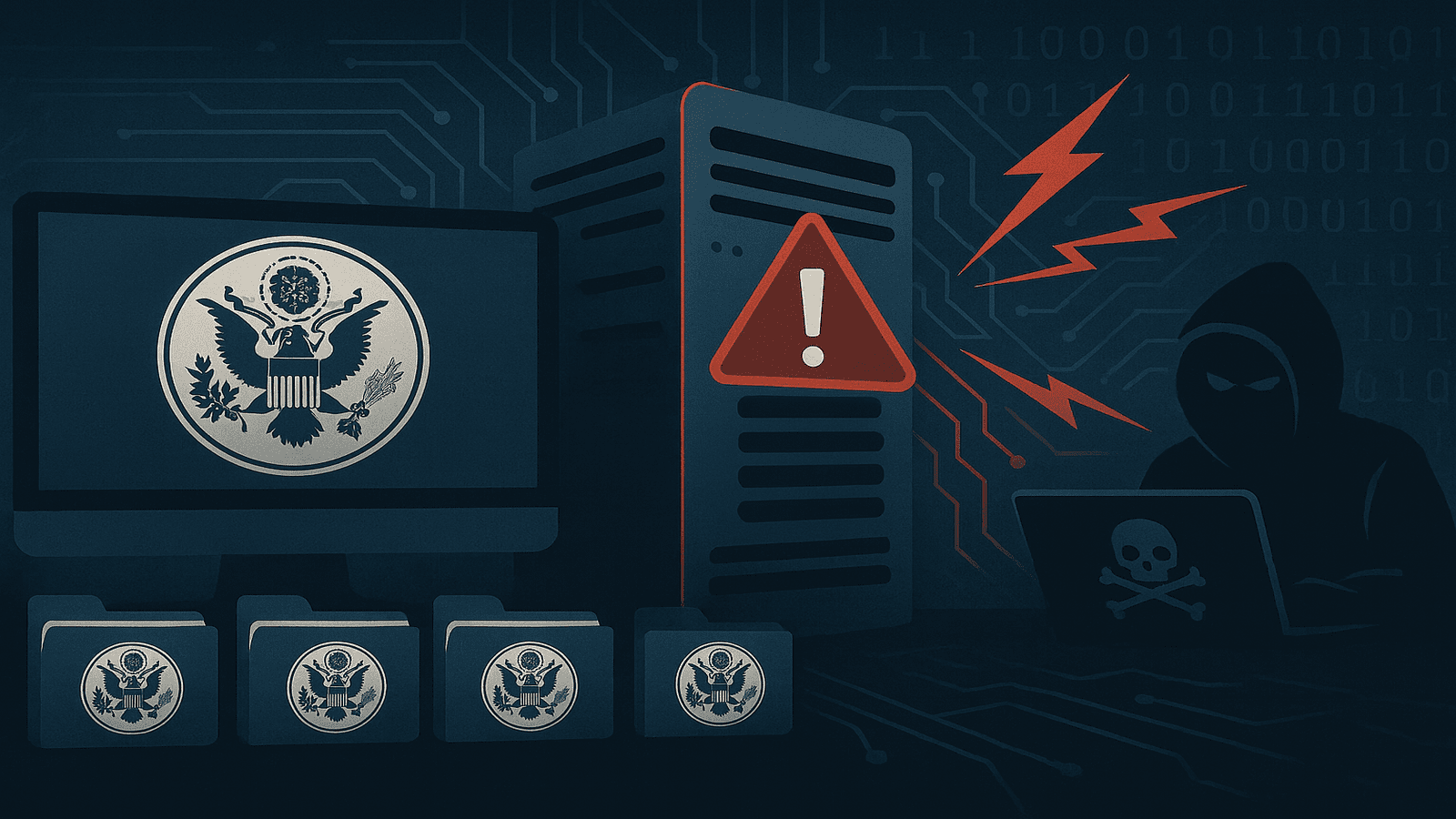 Dark server room illustration showing a single server tower with a warning sign, symbolizing a cybersecurity breach