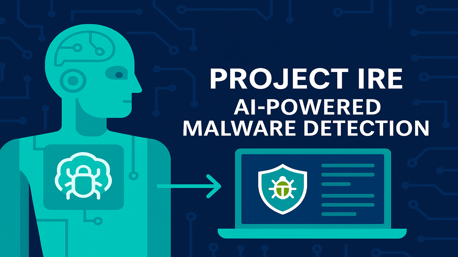Project Ire graphic showing a teal AI figure pointing to a laptop with a shield-and-bug icon, illustrating AI-powered malware detection on a circuit background.