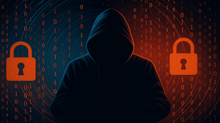 Hooded figure silhouette surrounded by glowing binary code and orange padlocks representing cybersecurity and hacking.