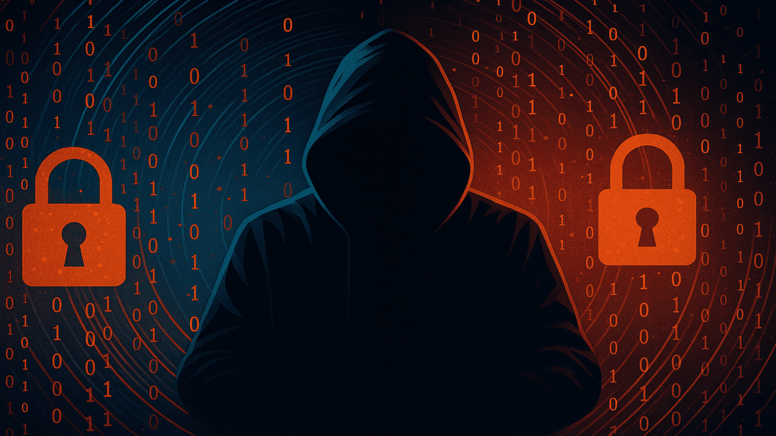 Hooded figure silhouette surrounded by glowing binary code and orange padlocks representing cybersecurity and hacking.