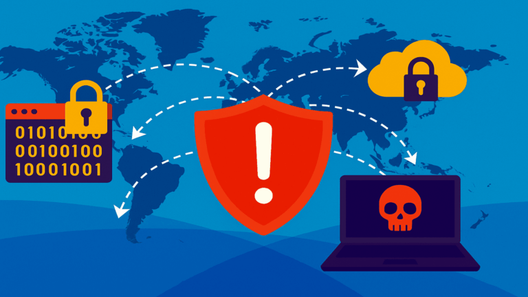 A vibrant digital illustration of a global cybersecurity breach. The background is a blue world map with white dashed arrows showing global connections. At the center is a large red shield with a white exclamation mark, symbolizing a warning. On the left, a browser window with binary code and a yellow padlock represents data protection. On the right, a yellow cloud with a black padlock symbolizes cloud security, while a laptop with a red skull icon represents a compromised device. The overall design emphasizes interconnected risks in global supply chain attacks.