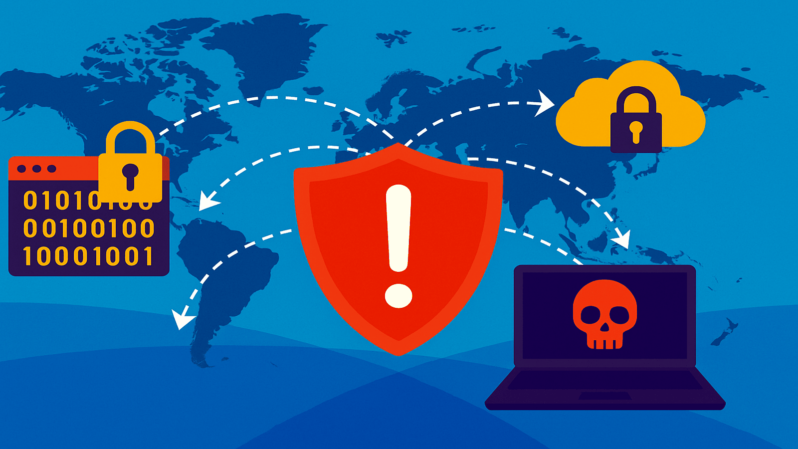 A vibrant digital illustration of a global cybersecurity breach. The background is a blue world map with white dashed arrows showing global connections. At the center is a large red shield with a white exclamation mark, symbolizing a warning. On the left, a browser window with binary code and a yellow padlock represents data protection. On the right, a yellow cloud with a black padlock symbolizes cloud security, while a laptop with a red skull icon represents a compromised device. The overall design emphasizes interconnected risks in global supply chain attacks.
