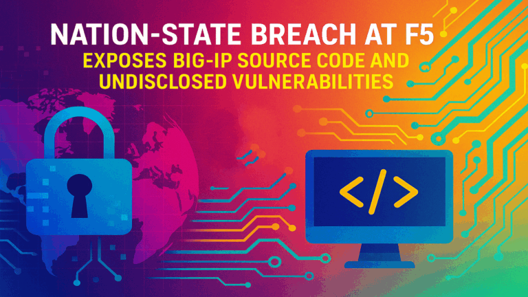 Colorful cybersecurity illustration showing a glowing lock icon, a computer monitor with code brackets, and a world map connected by digital circuit lines. The image headline reads “Nation-State Breach at F5 Exposes BIG-IP Source Code and Undisclosed Vulnerabilities,” symbolizing a global cyberattack and data breach.
