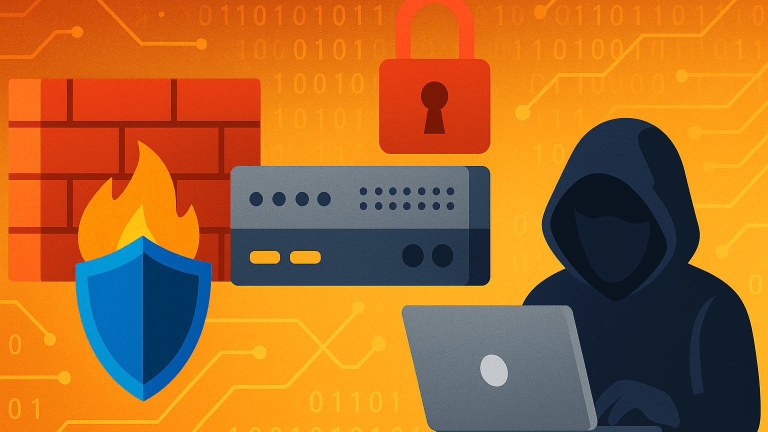 Illustration of cybersecurity elements including a firewall, shield, server, padlock, and a hooded hacker using a laptop, set against a background of binary code and digital circuits.