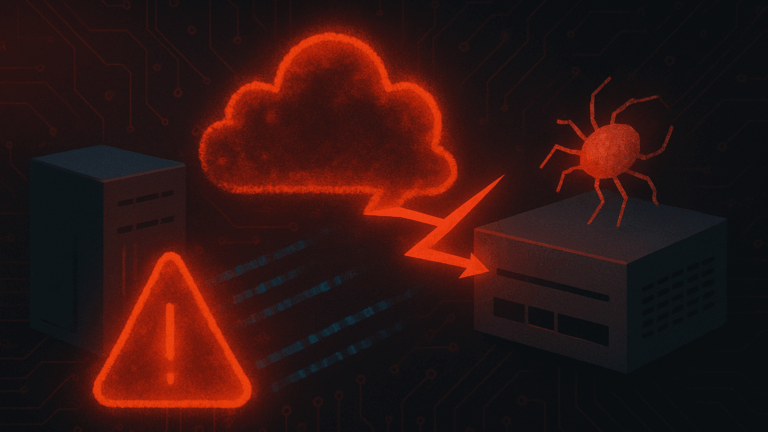 A red cloud icon sends a lightning-bolt attack toward a network device while a malware bug and warning symbol highlight a cybersecurity breach risk.