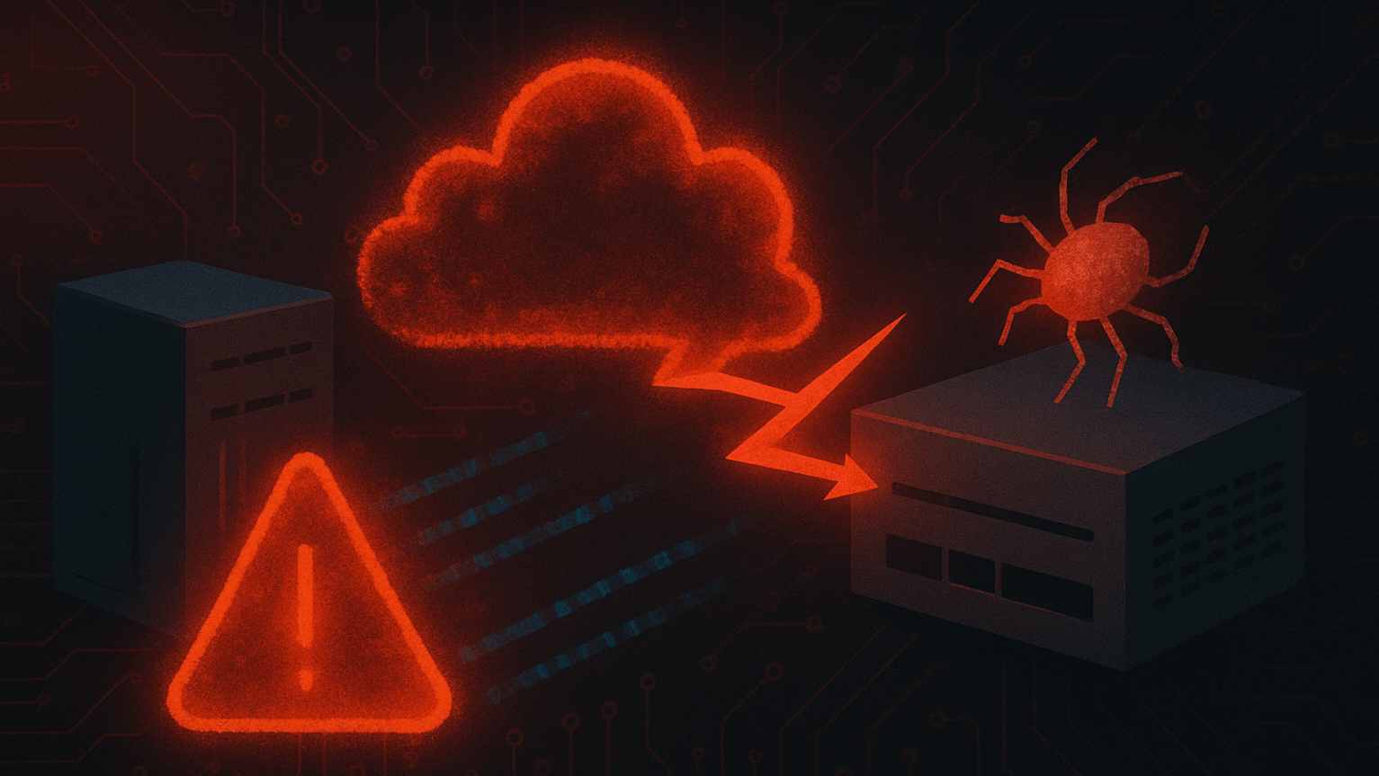 A red cloud icon sends a lightning-bolt attack toward a network device while a malware bug and warning symbol highlight a cybersecurity breach risk.