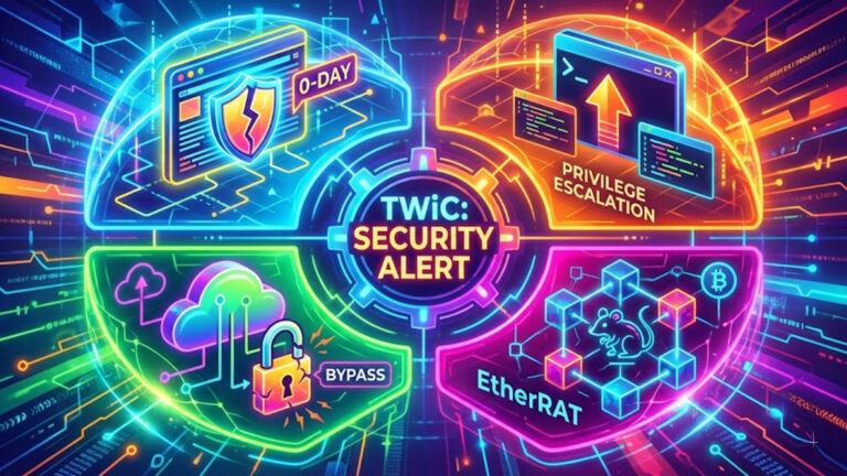 A bright, futuristic 1600x900 image featuring glowing abstract tech elements. The design visually separates four key security topics: a broken browser shield, an upward arrow indicating privilege escalation, an unlocked cloud padlock, and network nodes representing blockchain-based malware.