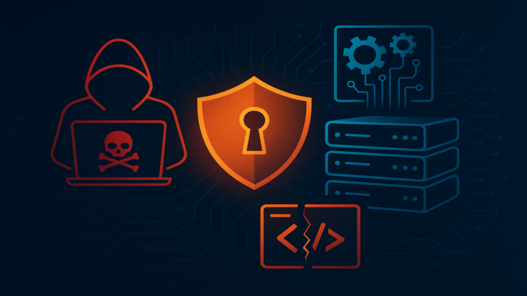 Abstract cybersecurity illustration showing a hacker figure, protected servers, and vulnerable code connected by digital network lines.