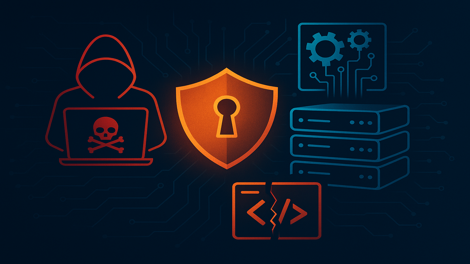 Abstract cybersecurity illustration showing a hacker figure, protected servers, and vulnerable code connected by digital network lines.