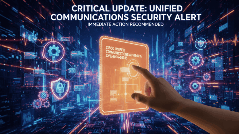 A cybersecurity alert graphic in a high-tech digital style. A hand with a dark skin tone interacts with a glowing orange interface panel that lists a Cisco Unified Communications advisory for CVE-2026-20045. The background is a vibrant, dark blue digital landscape with glowing icons and the header "CRITICAL UPDATE: UNIFIED COMMUNICATIONS SECURITY ALERT."