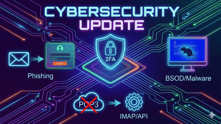 Neon-style digital illustration of cybersecurity concepts, featuring a central shield with 2FA protection, connected to icons representing phishing attacks, login screens, malware-induced BSOD with a rat symbol, and a transition from deprecated POP3 to modern IMAP/API protocols.