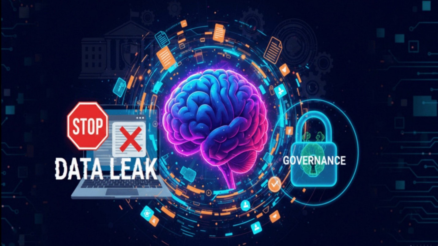 A vibrant digital illustration exploring the intersection of AI and security, featuring a central glowing blue and purple brain. To the left, a laptop displays a prominent red "Stop" sign and a large "X" overlaying a document with the bold text "DATA LEAK" underneath. To the right, a glowing blue padlock icon contains a brain silhouette labeled "GOVERNANCE". The entire scene is surrounded by circular data streams, icons, and a dark background with a subtle architectural outline.