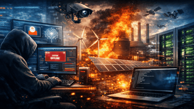 Cybersecurity themed illustration showing hacker activity, critical infrastructure attack imagery, data center servers, and surveillance technology representing nation state cyber threats
