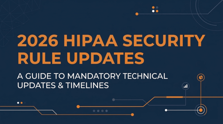 A professional blog cover image with a 16:9 aspect ratio featuring a dark blue background. The main title, 2026 HIPAA SECURITY RULE UPDATES, is displayed in a bold, orange sans-serif font. Below it, a subtitle in white reads, A GUIDE TO MANDATORY TECHNICAL UPDATES & TIMELINES. The design includes minimalist technical accents such as orange and white circuit-style lines, small nodes, and subtle geometric data icons in the corners, creating a modern cybersecurity aesthetic.