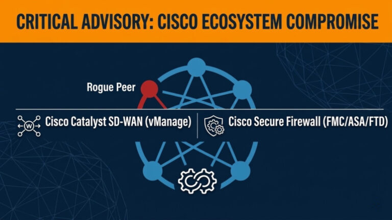 A horizontal header graphic titled "CRITICAL ADVISORY: CISCO ECOSYSTEM COMPROMISE" in a dark blue font against a bright orange background. A dark blue, geometric network diagram with blue nodes connected by white lines, plus one prominent red node in the top-left corner labeled "Rogue Peer," is below the title. This diagram overlays two dark blue banners containing White icons, names of Cisco products, and a description. "Cisco Catalyst SD-WAN (vManage)" is listed on the left, with the white icon showing a circle with four smaller circles radiating from the center. A vertical white divider separates the product listings. "Cisco Secure Firewall (FMC/ASA/FTD)" is listed on the right with a white icon showing two interlocking gears above an abstract shield. Below the two product banners is the rest of the dark blue network diagram with blue nodes and white lines, plus a white infinite loop and gear icon at the bottom.