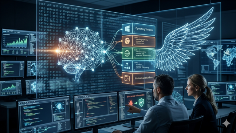 A detailed illustration of a futuristic cybersecurity command center where a team of experts is monitoring an advanced artificial intelligence system. The AI is depicted as a glowing, interconnected neural network brain on a large, futuristic display. On the right, a large digital wing made of intricate circuitry and glowing lines emerges from the network, labeled with various categories of potential software vulnerabilities and attack vectors such as Operating Systems, Custom Applications, and Network APIs. A woman in a black jacket and a man in a white button-down shirt are seated at a curved desk, intensely analyzing numerous screens that display real-time network activity, data visualizations, and security analytics.