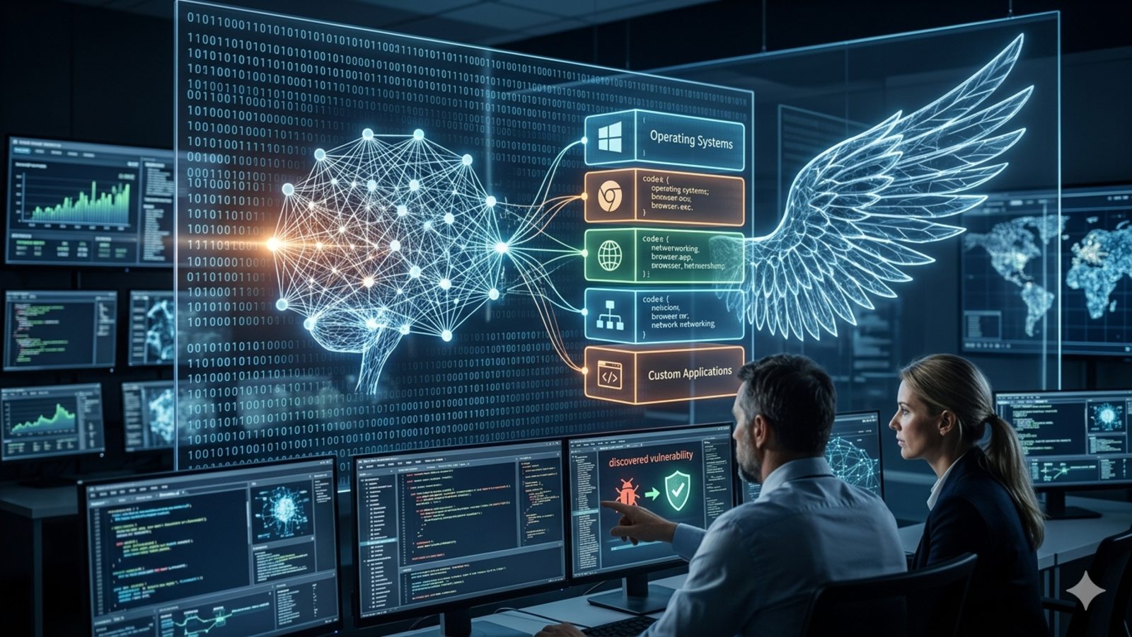 A detailed illustration of a futuristic cybersecurity command center where a team of experts is monitoring an advanced artificial intelligence system. The AI is depicted as a glowing, interconnected neural network brain on a large, futuristic display. On the right, a large digital wing made of intricate circuitry and glowing lines emerges from the network, labeled with various categories of potential software vulnerabilities and attack vectors such as Operating Systems, Custom Applications, and Network APIs. A woman in a black jacket and a man in a white button-down shirt are seated at a curved desk, intensely analyzing numerous screens that display real-time network activity, data visualizations, and security analytics.