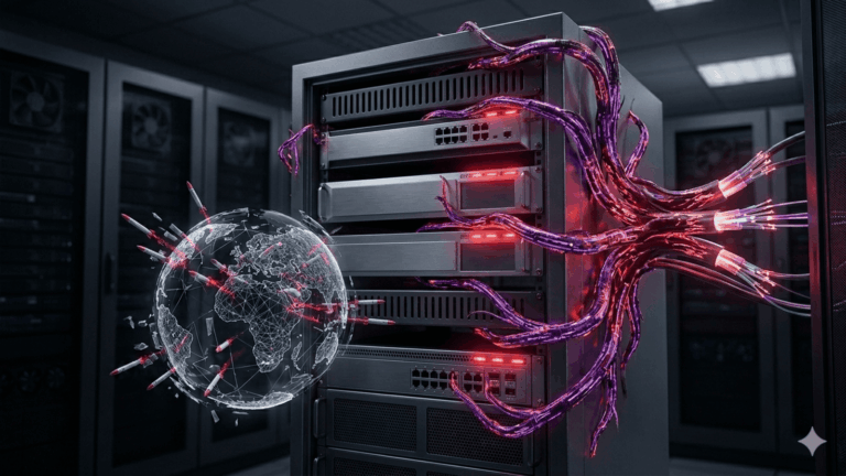 Alt text: A close-up photograph of a black server rack in a dark data center, featuring network switches and servers with glowing red LEDs. A cluster of bio-digital purple data tendrils is aggressively wrapped around the hardware, connected to a glowing bundle of red and orange fibre optic cables on the right. To the left, a holographic wireframe globe is targeted by several red data vectors and fracturing into code points. The background shows rows of other server racks.