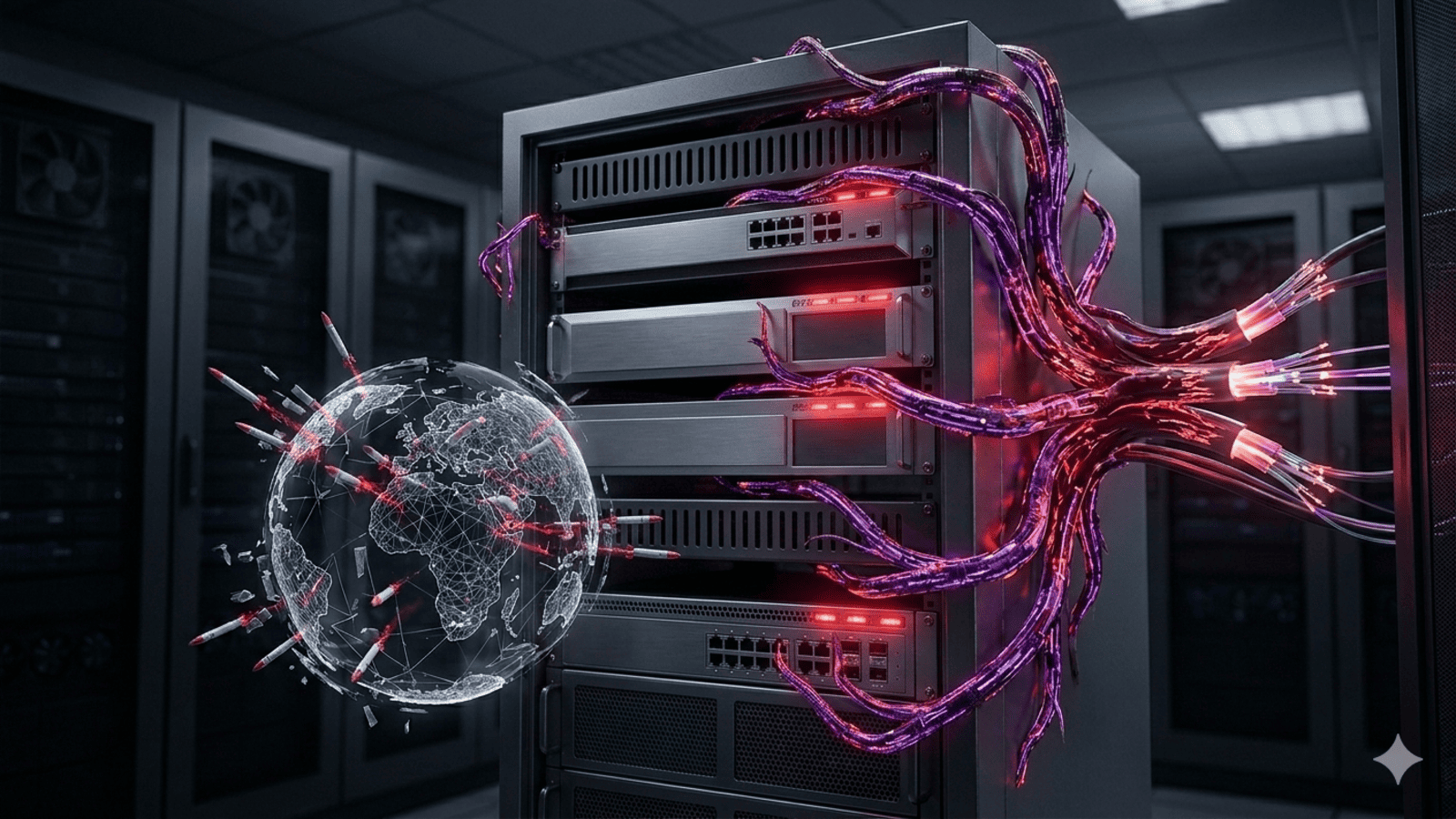 Alt text: A close-up photograph of a black server rack in a dark data center, featuring network switches and servers with glowing red LEDs. A cluster of bio-digital purple data tendrils is aggressively wrapped around the hardware, connected to a glowing bundle of red and orange fibre optic cables on the right. To the left, a holographic wireframe globe is targeted by several red data vectors and fracturing into code points. The background shows rows of other server racks.
