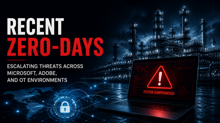 Cybersecurity image showing industrial OT environment with digital network overlay and laptop displaying system compromised warning, representing zero-day threats across enterprise systems