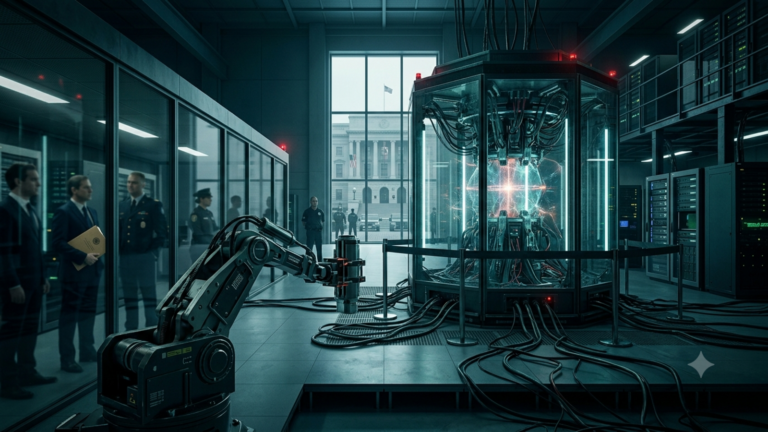 A wide cinematic shot of a high-tech government or corporate server room featuring a glowing, advanced AI containment core surrounded by security barriers, cables, and personnel in suits observing from behind a glass partition.