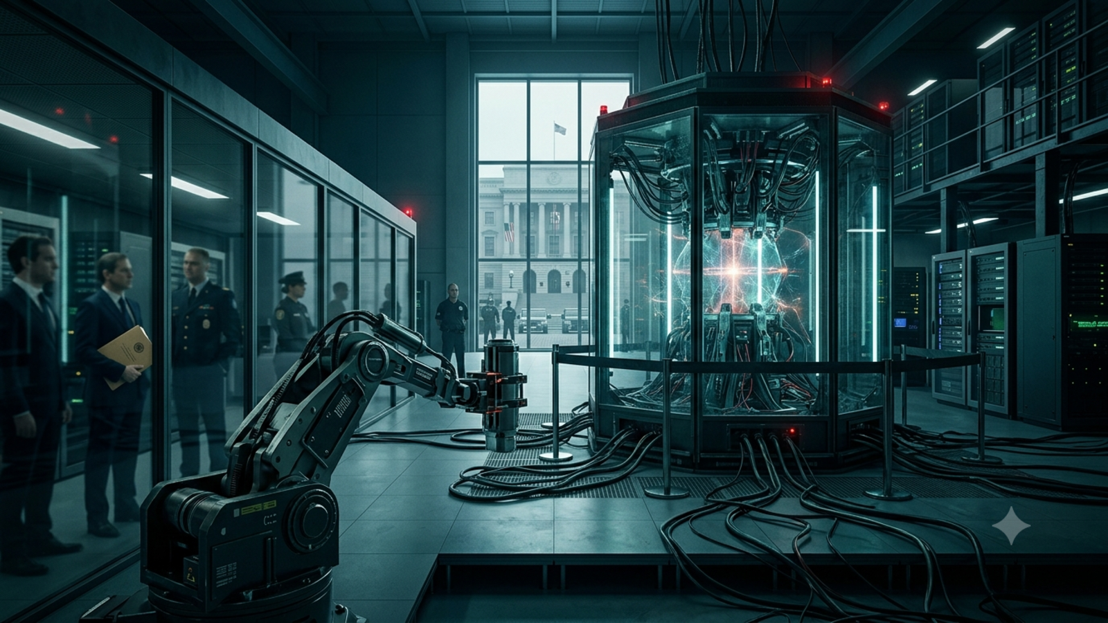 A wide cinematic shot of a high-tech government or corporate server room featuring a glowing, advanced AI containment core surrounded by security barriers, cables, and personnel in suits observing from behind a glass partition.