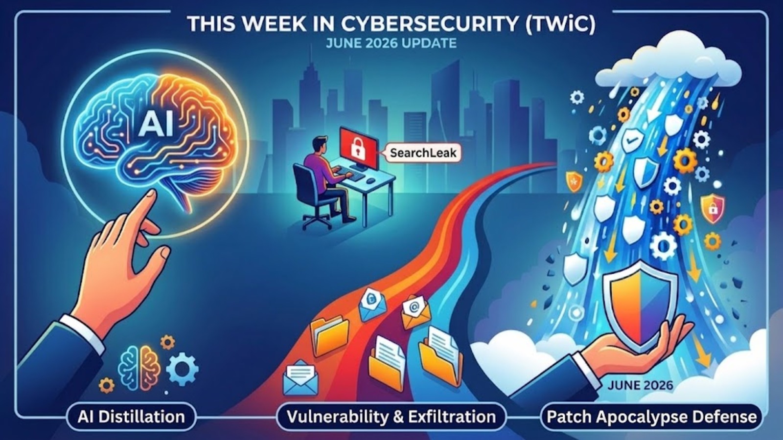 An infographic titled "THIS WEEK IN CYBERSECURITY (TWiC) JUNE 2026 UPDATE" set against a dark blue background with a stylized city skyline. The graphic is divided into three interconnected thematic sections from left to right along a winding path. AI Distillation: On the left, a hand in a suit sleeve points toward a glowing, split-color brain graphic (blue on the left, orange on the right) labeled "AI." Below it is a smaller icon of a brain and gears. Vulnerability & Exfiltration: In the center, a person sits at a desk facing a computer monitor displaying a red padlock and a speech bubble reading "SearchLeak." A winding path flows past the desk, carrying icons of envelopes, files, and folders downward. Patch Apocalypse Defense: On the right, a large hand holds a shield to block a torrential downpour of gears, arrows, smaller shields, and padlocks streaming out of a storm cloud. The text "JUNE 2026" is printed just below the main shield.