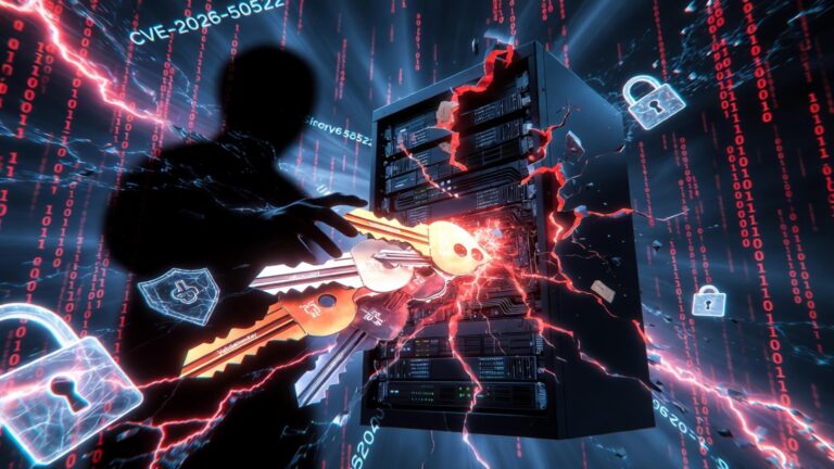 Shadowy digital attacker extracting glowing golden machine keys from a cracked SharePoint server rack with red neon fissures, binary code rain, and broken lock icons under the label CVE-2026-50522