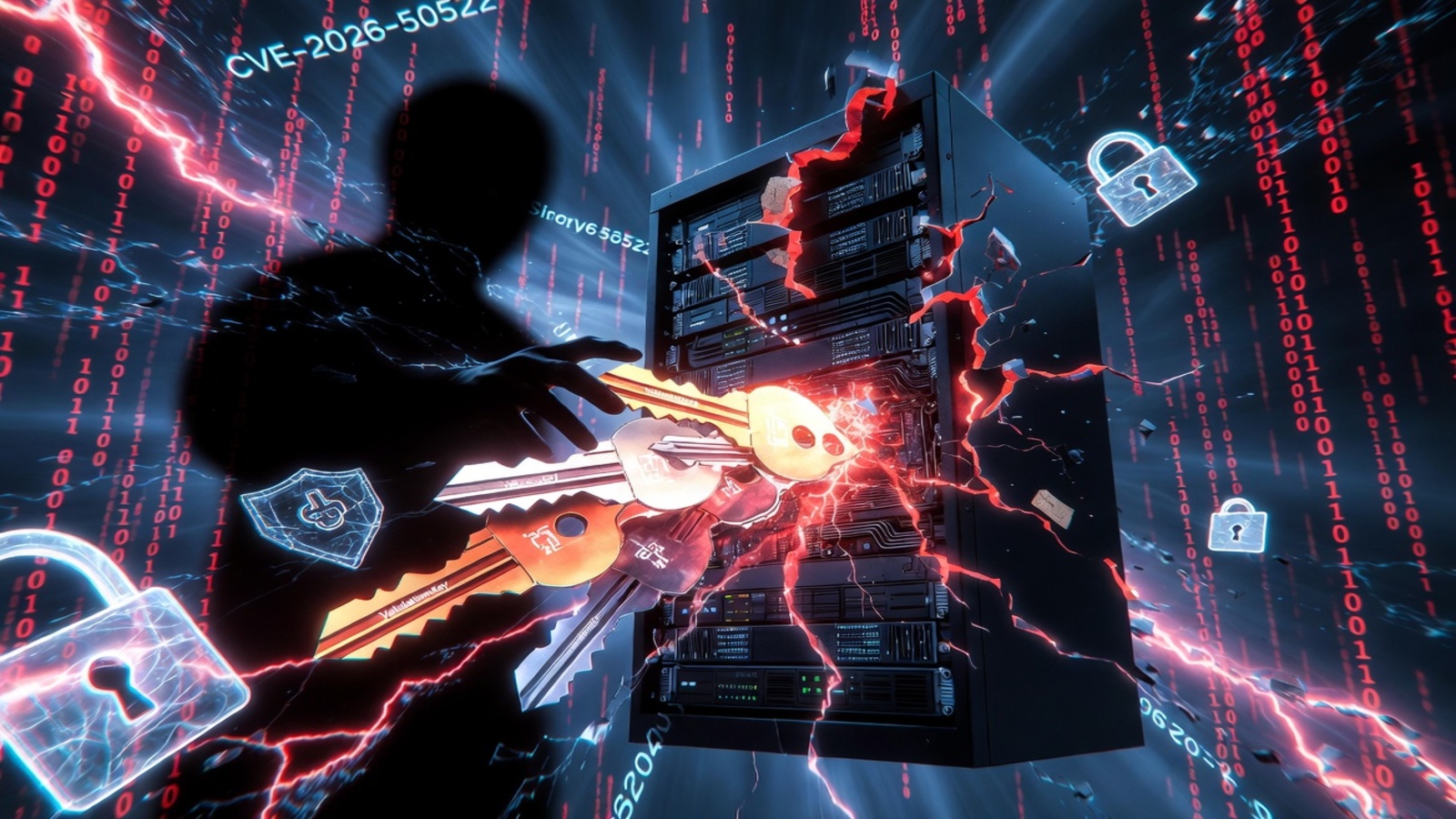 Shadowy digital attacker extracting glowing golden machine keys from a cracked SharePoint server rack with red neon fissures, binary code rain, and broken lock icons under the label CVE-2026-50522