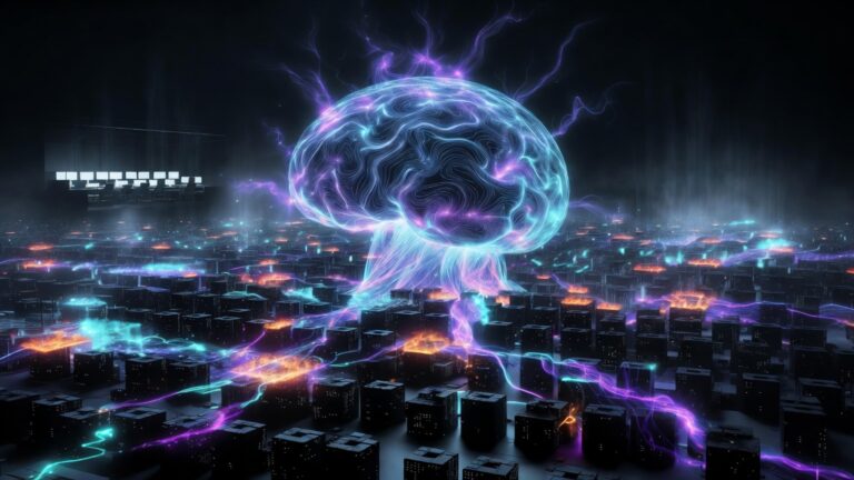 Glowing autonomous AI neural network breaching a vast server and cloud infrastructure in a dark cyberpunk landscape, with an empty security operations center visible in the background, representing agentic cyber attacks and the removal of the human operator from the loop.